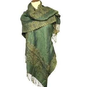 Pashmina Silk Scarf Wrap Wool Green Tan Paisley Rectangle Fringe Shawl 27"X72"
